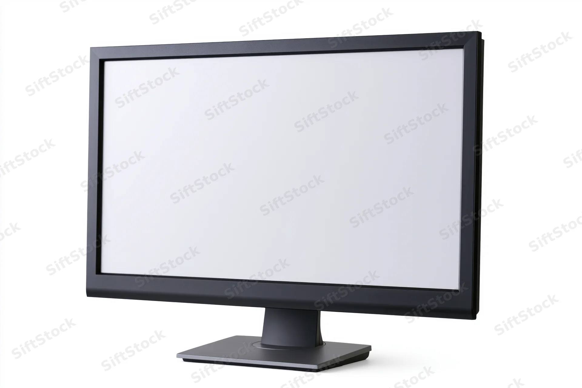 Modern flat-screen computer monitor with blank white screen isolated on white background