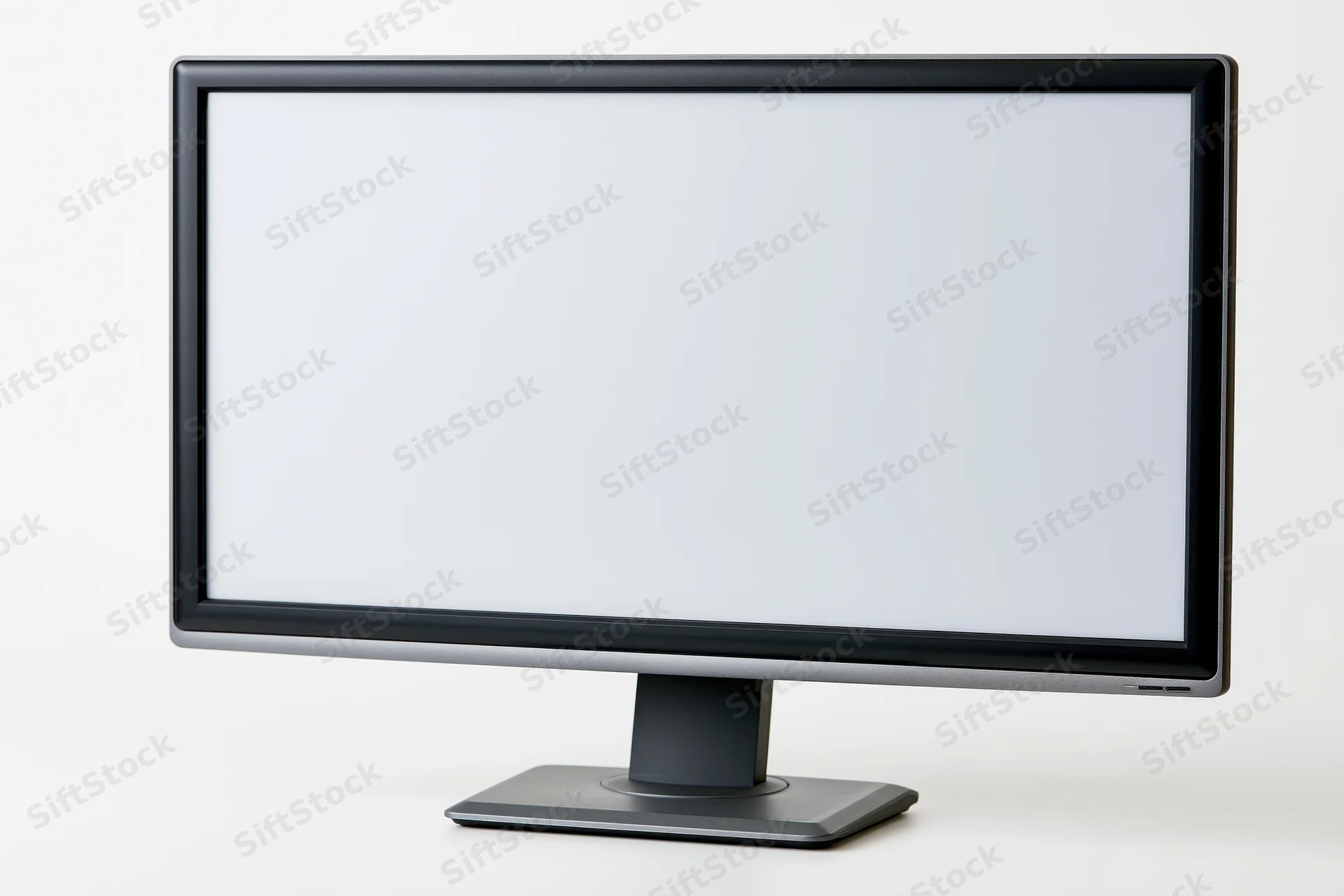 Modern flat-screen computer monitor with blank white screen on white background