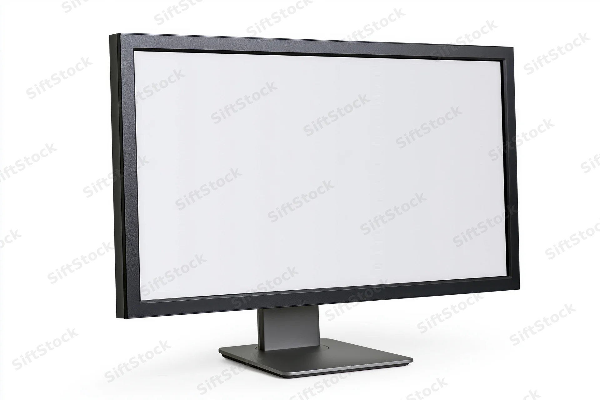 Modern flat-screen computer monitor with blank white screen isolated on white background
