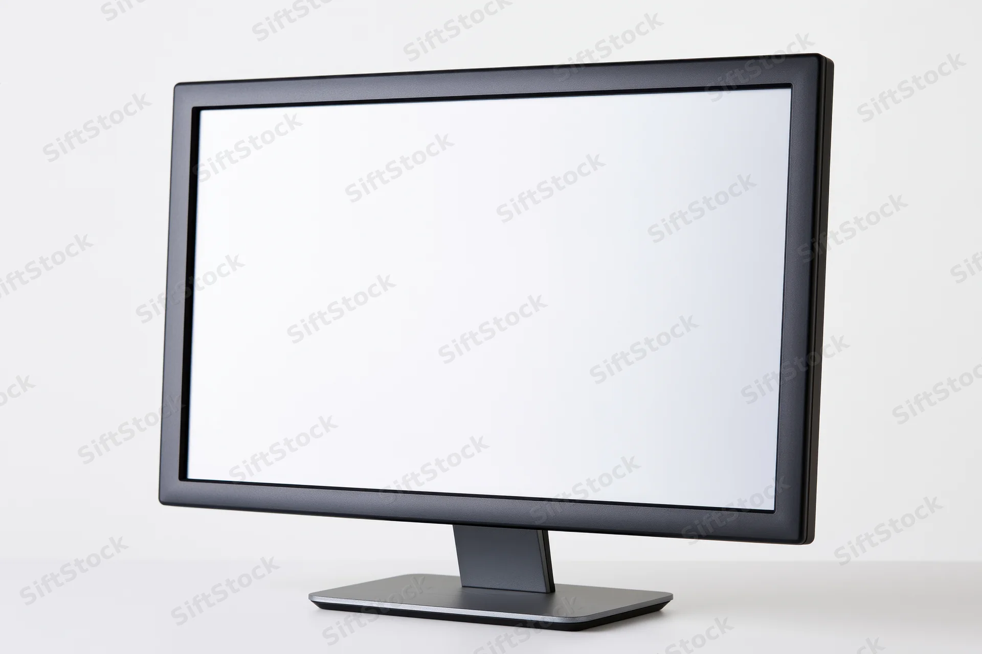 Modern flat-screen computer monitor with blank white screen on white surface