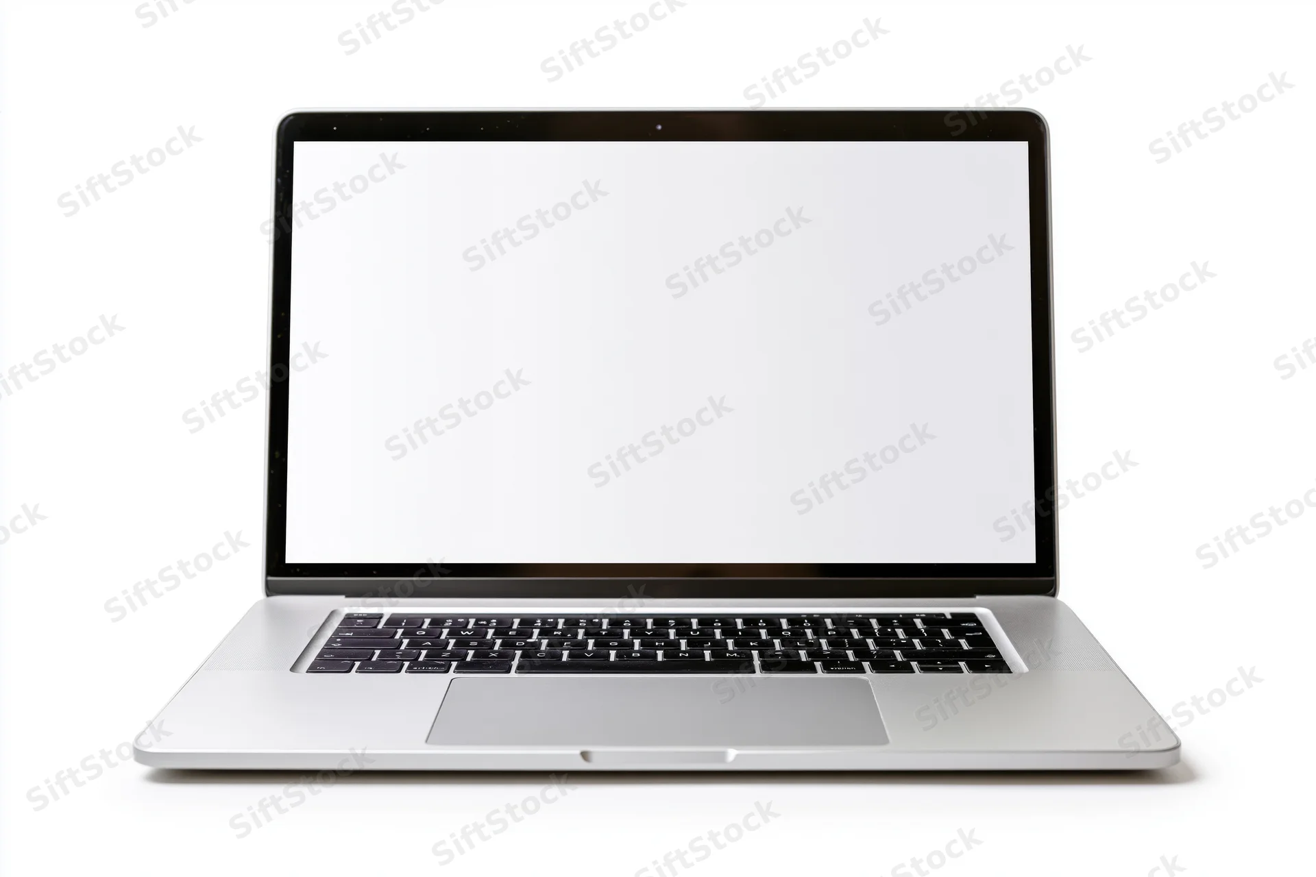 Open slim laptop with blank white screen centered on white background