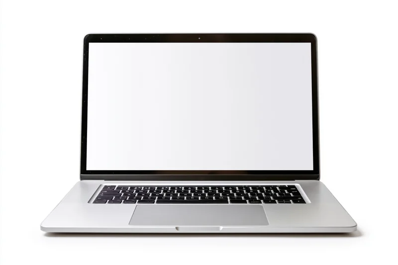 Open slim laptop with blank white screen centered on white background