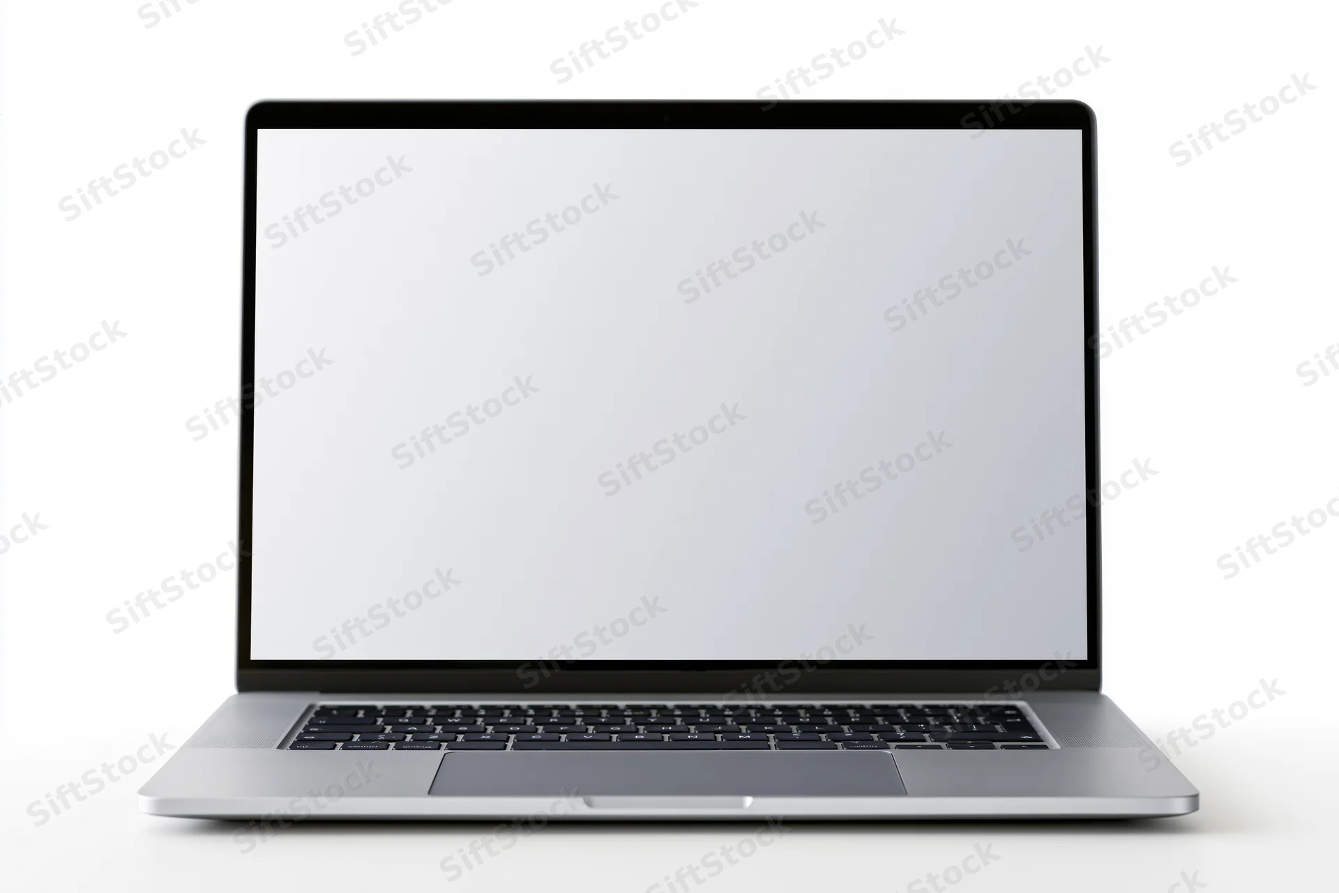 Silver laptop open with blank screen on white background