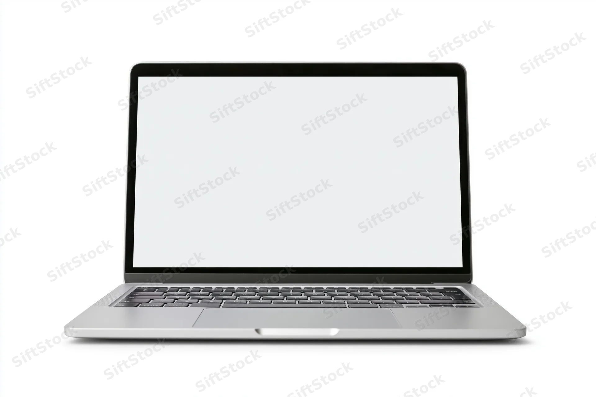 Silver laptop open with blank white screen on white background