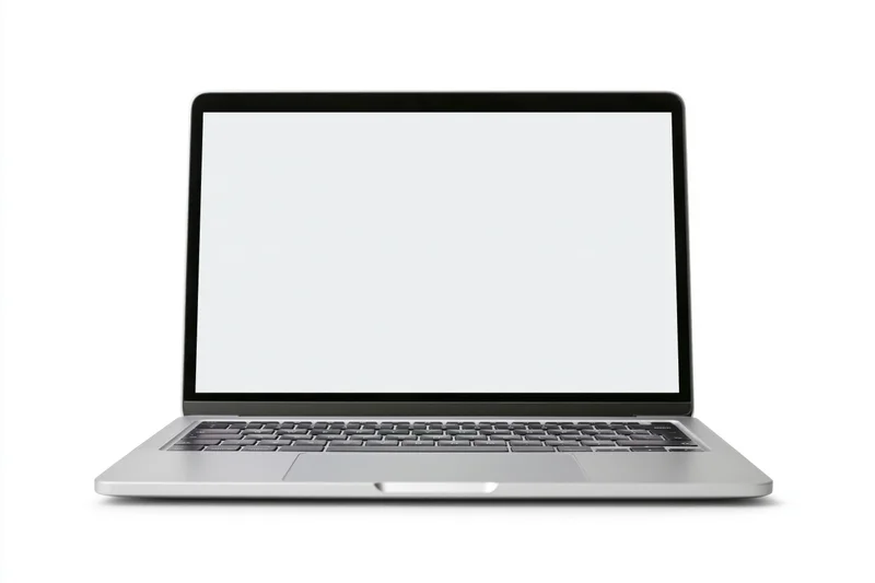Silver laptop open with blank white screen on white background