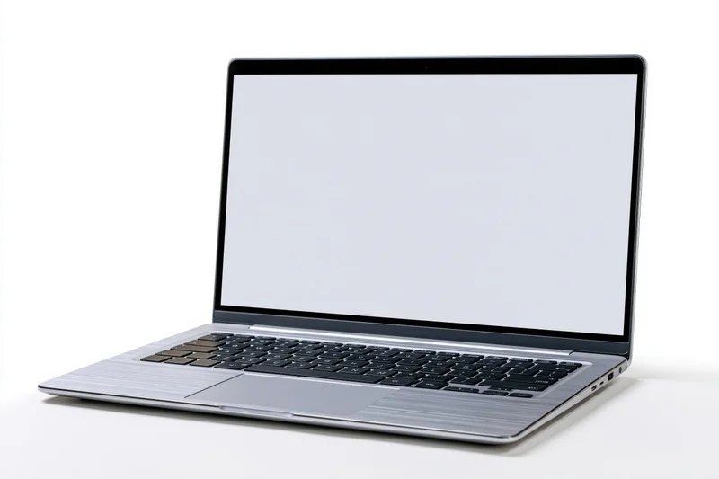 Open silver laptop with blank screen on white background