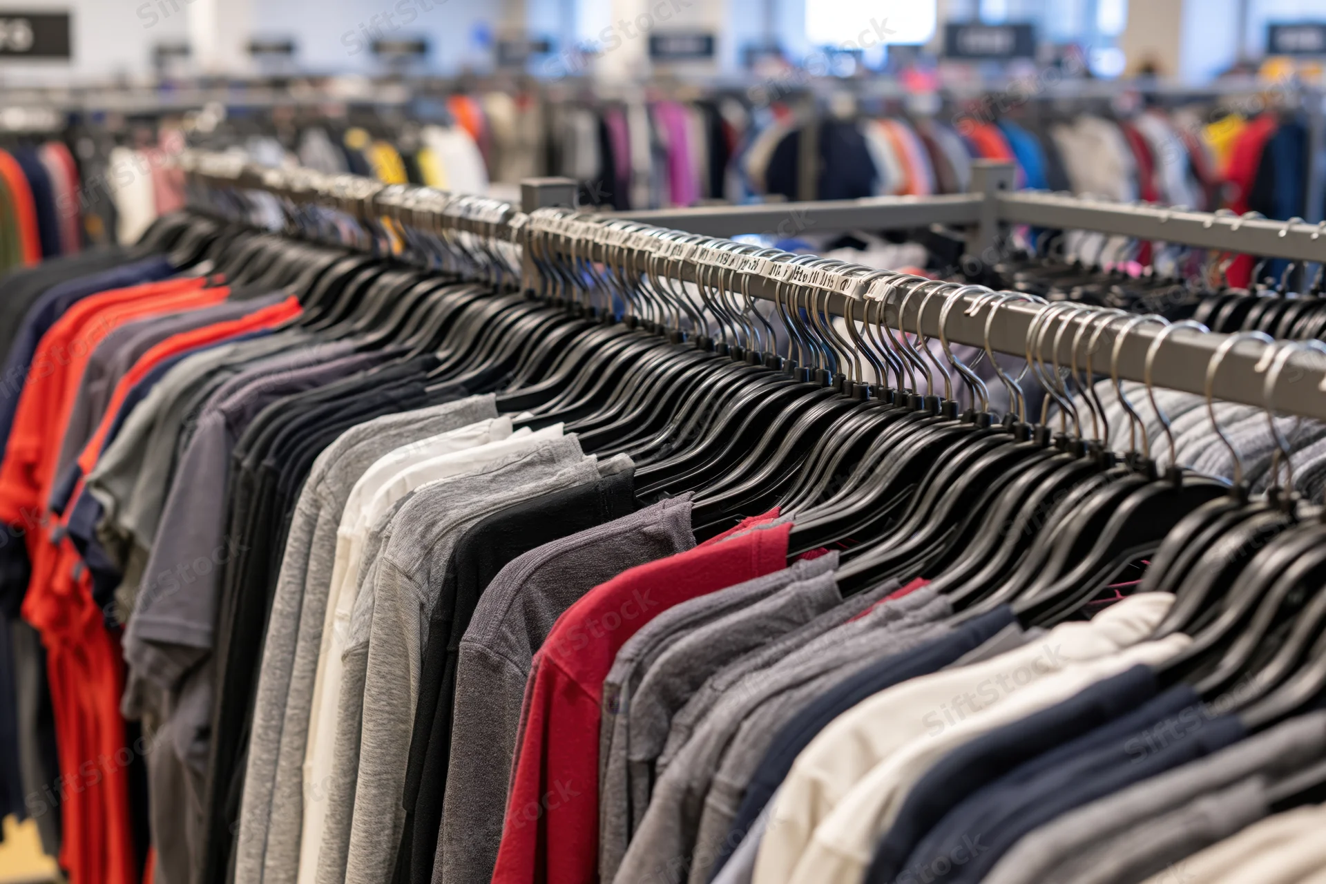 Rows of t-shirts on hangers arranged on metal racks in a clothing store