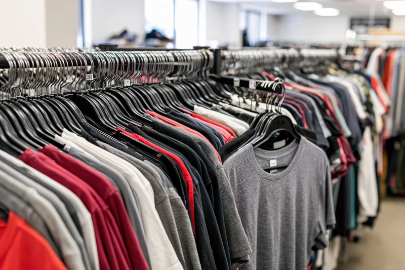 Rows of t-shirts on hangers in a retail clothing store