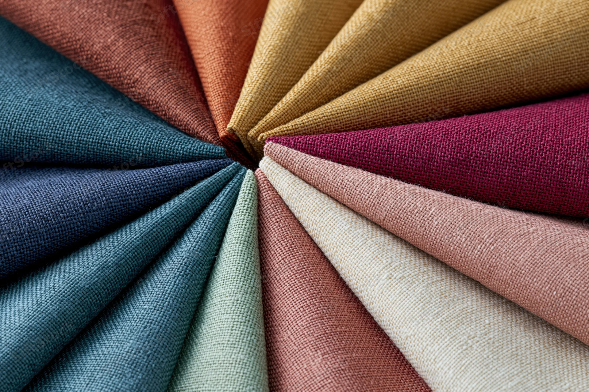 Fabric swatches fanned in circular pinwheel arrangement for design selection