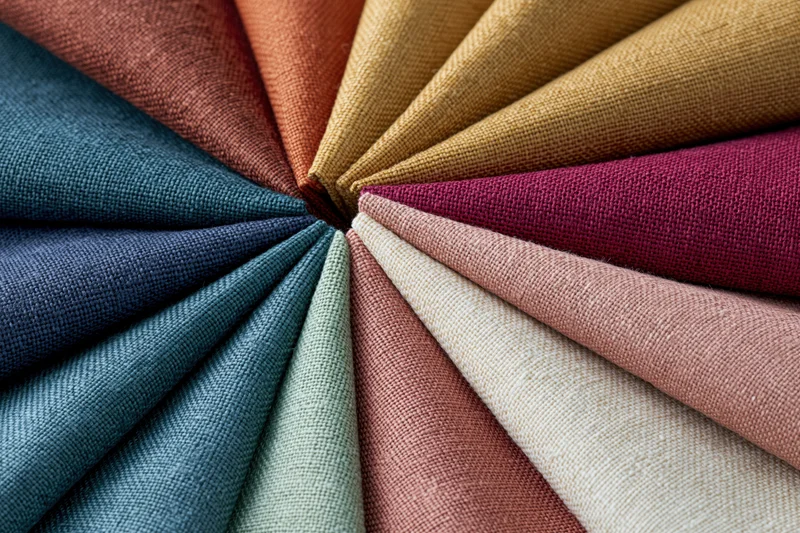 Fabric swatches fanned in circular pinwheel arrangement for design selection