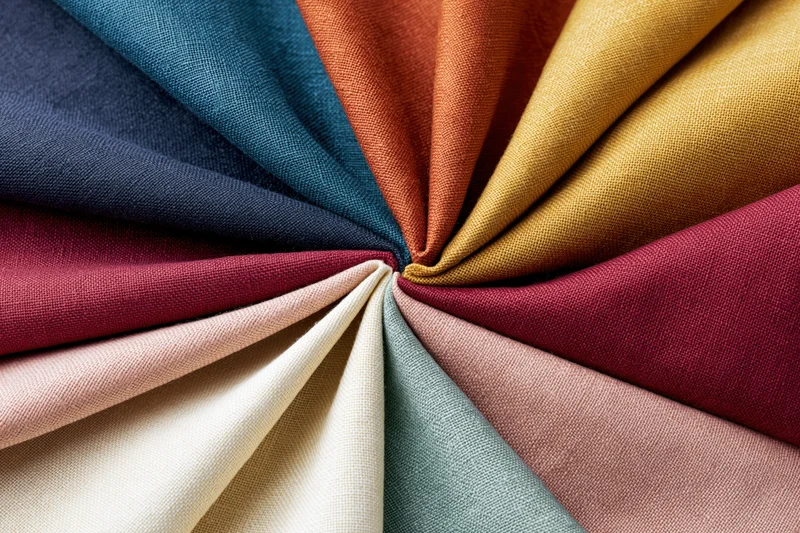 Multiple fabric swatches fanned out in a circular pinwheel arrangement