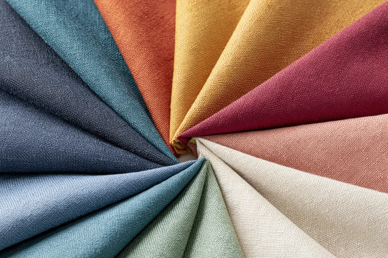 Multiple fabric swatches fanned out in a circular pinwheel arrangement