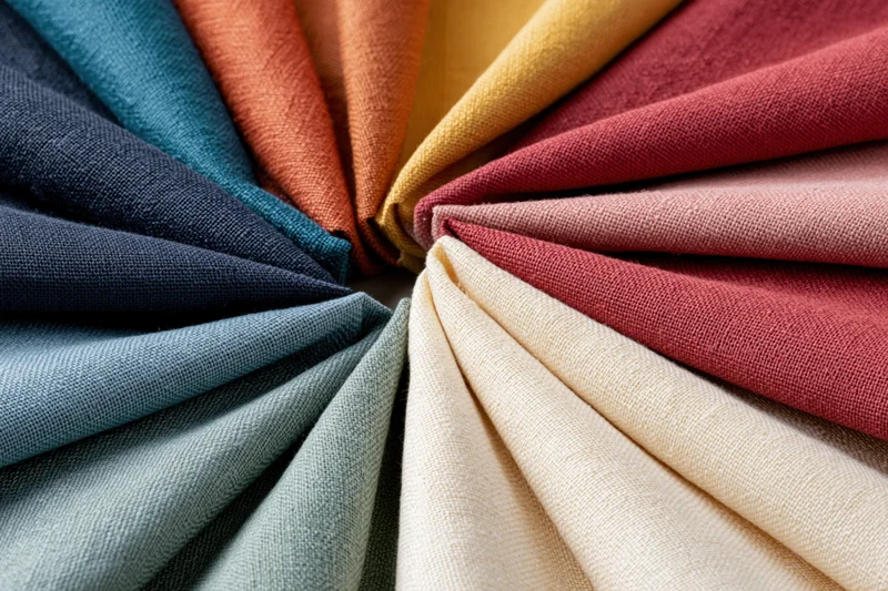 Fabric swatches fanned out in a circular pinwheel arrangement