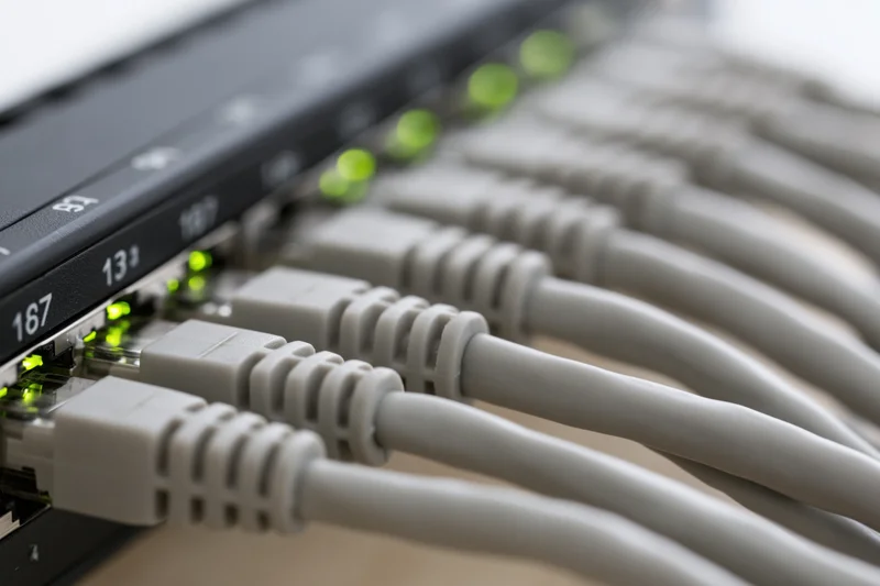 Gray ethernet cables plugged into a black network switch with green led indicators