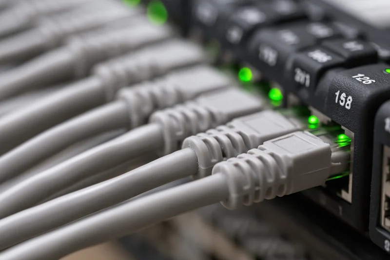 Gray ethernet cables plugged into a black network switch with green led lights indicating active connections