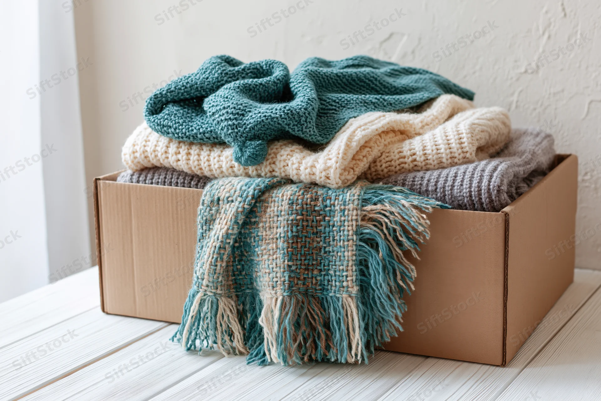 Open cardboard box filled with folded knit sweaters and a fringed scarf on a wooden surface