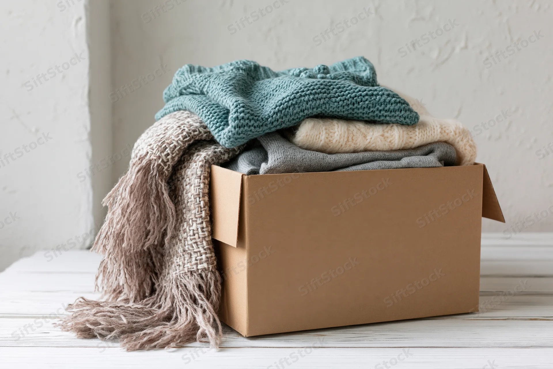 Open cardboard box filled with folded knit sweaters and a fringed scarf on a white wooden floor
