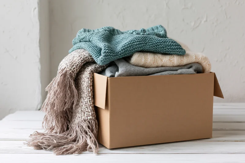 Open cardboard box filled with folded knit sweaters and a fringed scarf on a white wooden floor