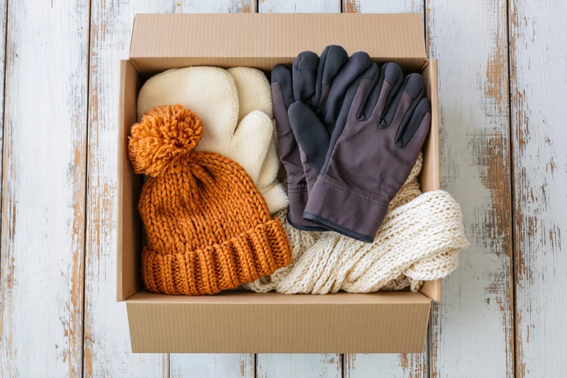 Open cardboard donation box filled with winter accessories including knit hat, gloves, mittens and scarf on wooden surface