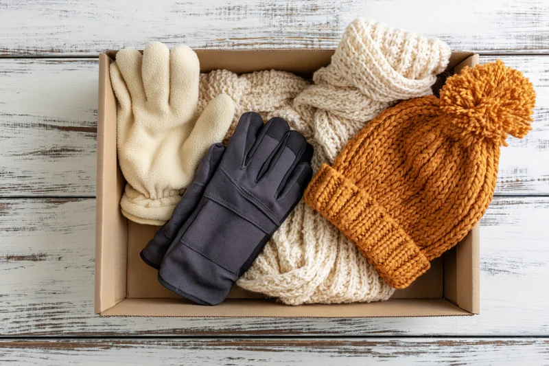 Winter accessories including knit hat, scarf, and gloves arranged in an open cardboard donation box on a wooden surface