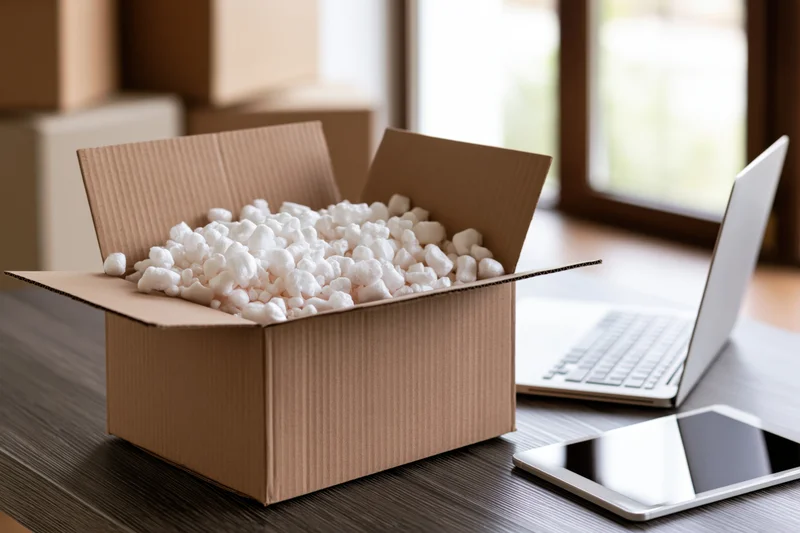 Open cardboard box filled with white packing peanuts on a desk beside a laptop and tablet