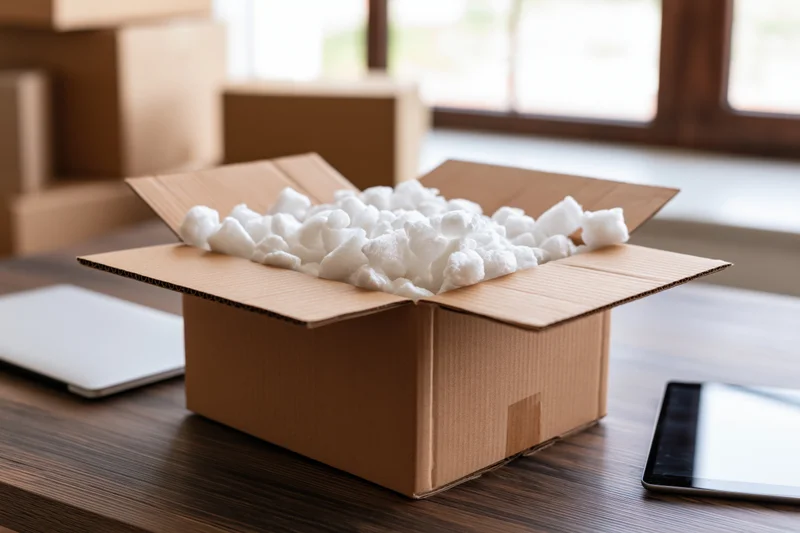 Open cardboard box filled with white packing peanuts on wooden desk near laptop and tablet