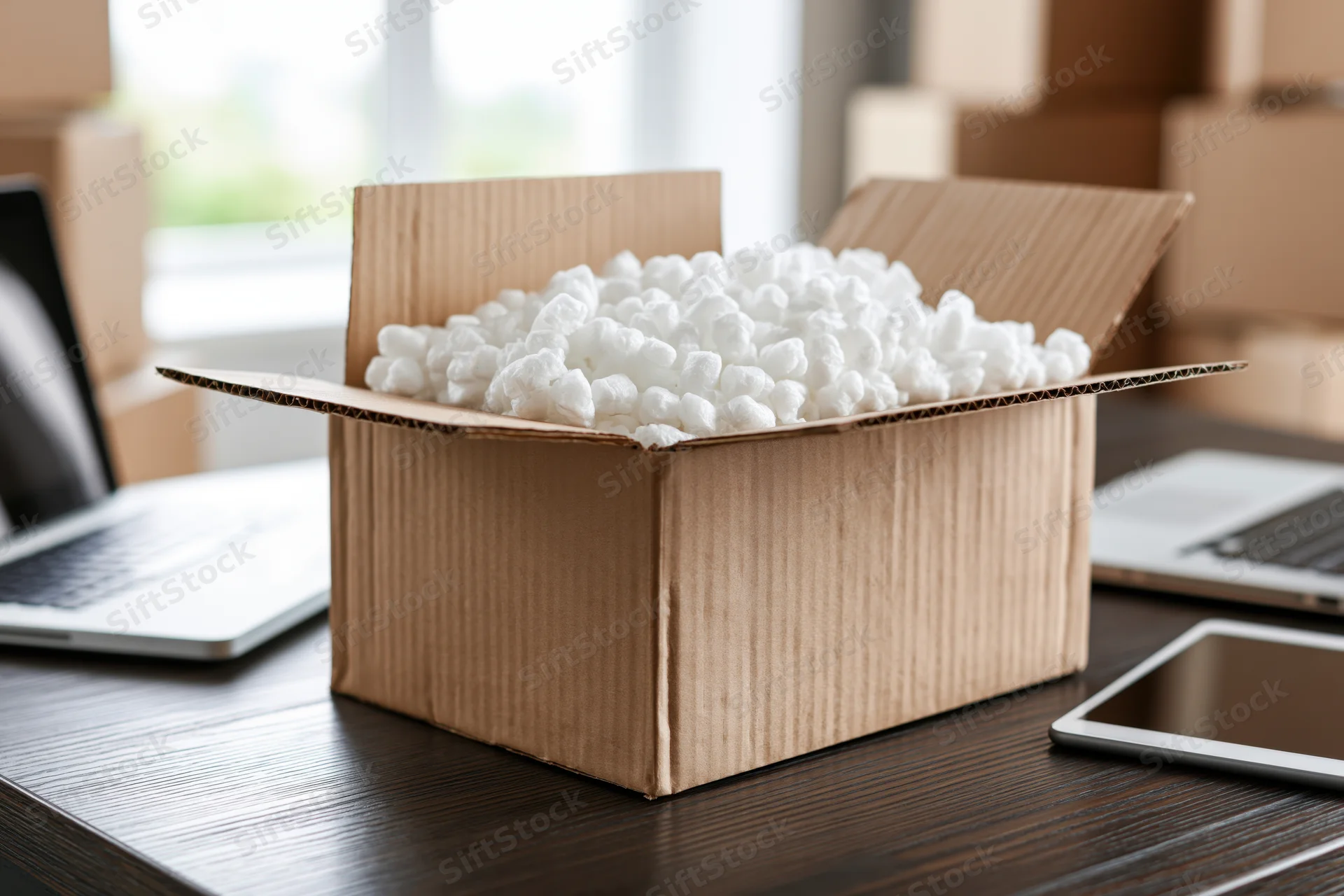 Open cardboard box filled with white packing peanuts on a desk surrounded by laptops and tablets
