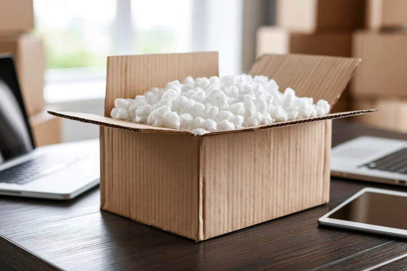 Open cardboard box filled with white packing peanuts on a desk surrounded by laptops and tablets