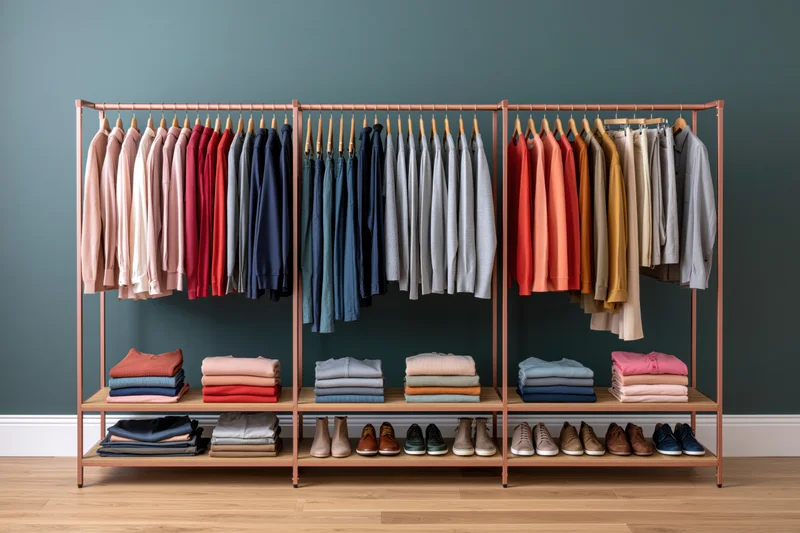 Open freestanding wardrobe system with neatly arranged hanging and folded clothing on shelves and racks