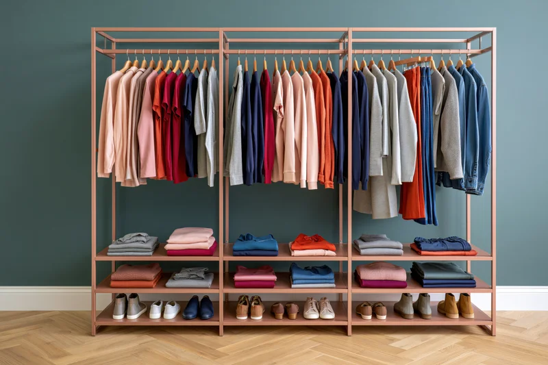 Freestanding wardrobe system with hanging and folded clothing arranged on shelves against a teal wall