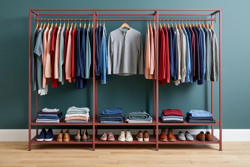 Open freestanding wardrobe with hanging clothes