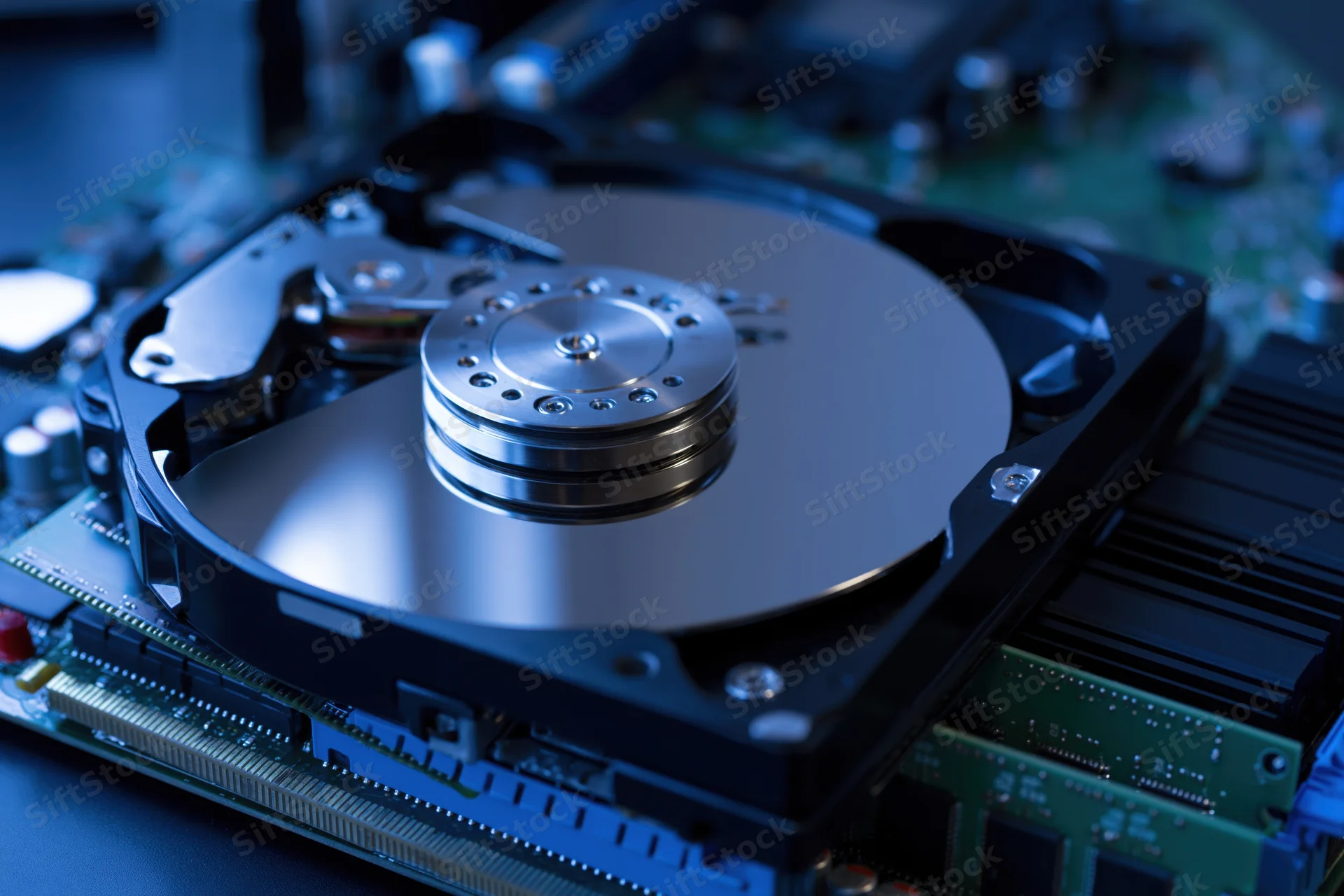 Open hard disk drive with exposed magnetic platter and actuator arm on circuit board