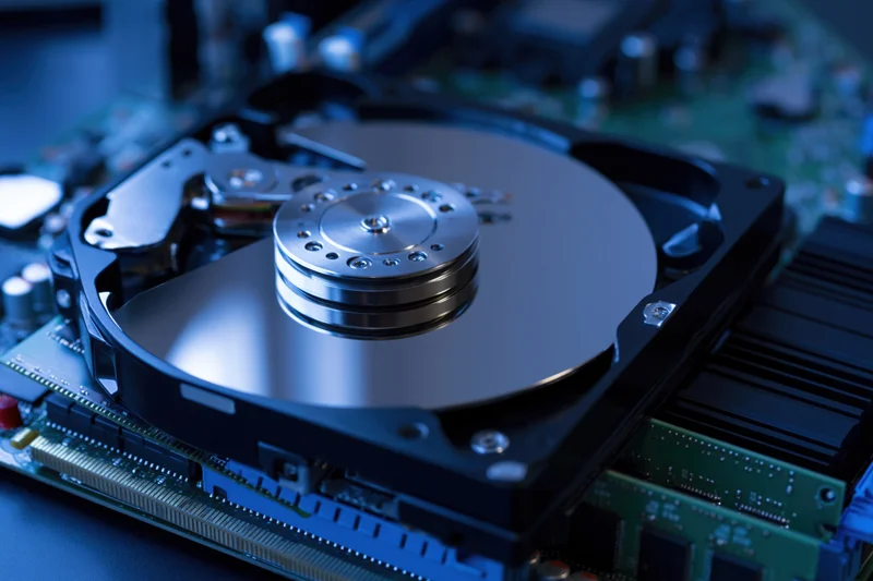 Open hard disk drive with exposed magnetic platter and actuator arm on circuit board
