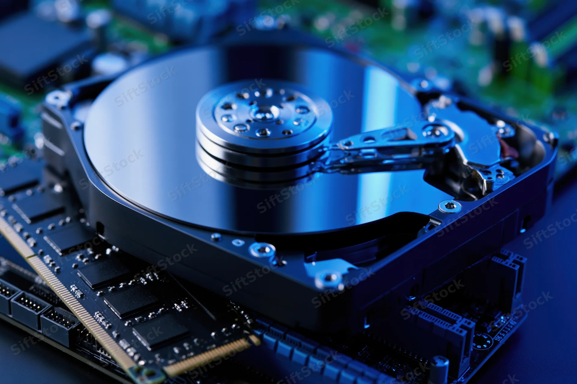 Open hard disk drive with exposed magnetic platter and actuator arm resting on circuit board
