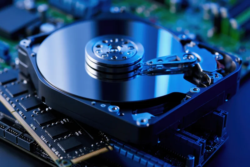Open hard disk drive with exposed magnetic platter and actuator arm resting on circuit board
