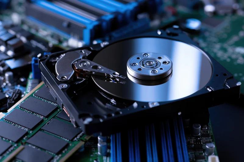 Open hard disk drive with exposed magnetic platter and actuator arm resting on circuit board