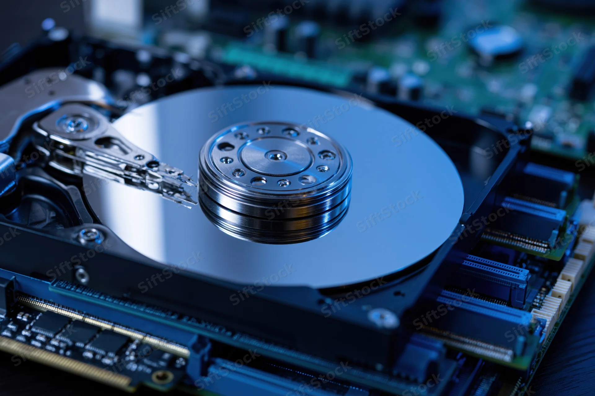 Open hard disk drive showing magnetic platter and actuator arm on circuit board