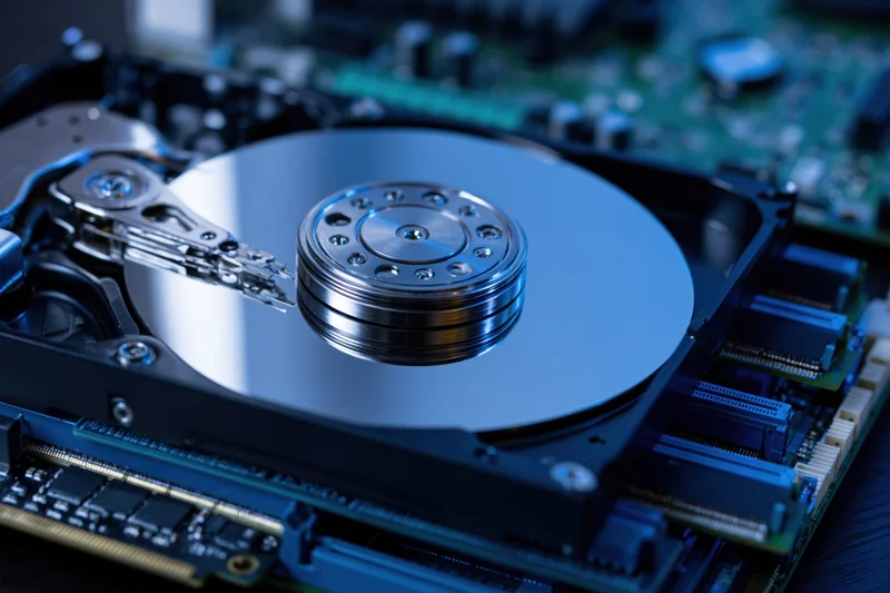 Open hard disk drive showing magnetic platter and actuator arm on circuit board
