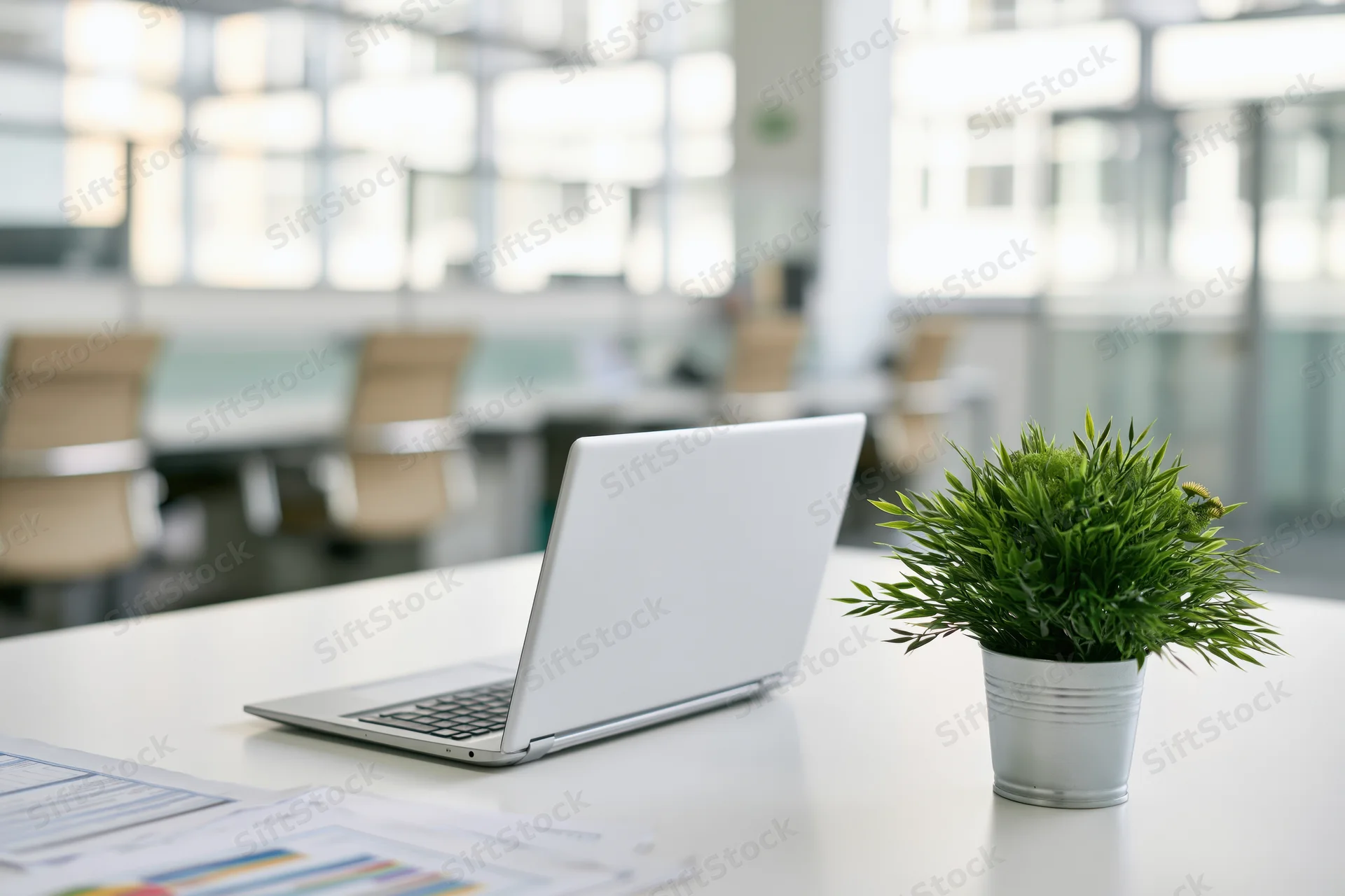 Open laptop and small potted green plant on white office desk with documents and blurred background