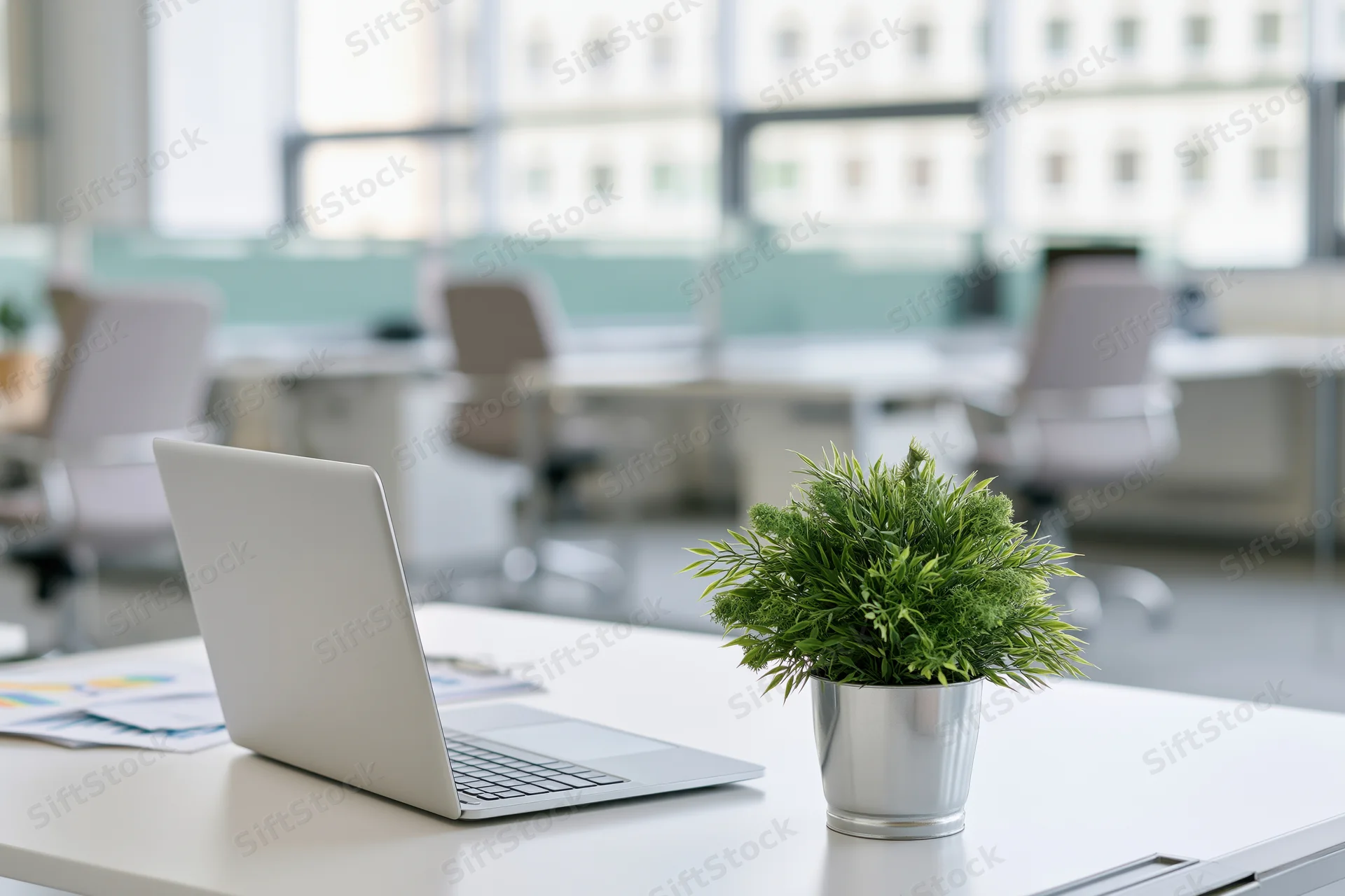 Open laptop and small potted green plant on white office desk