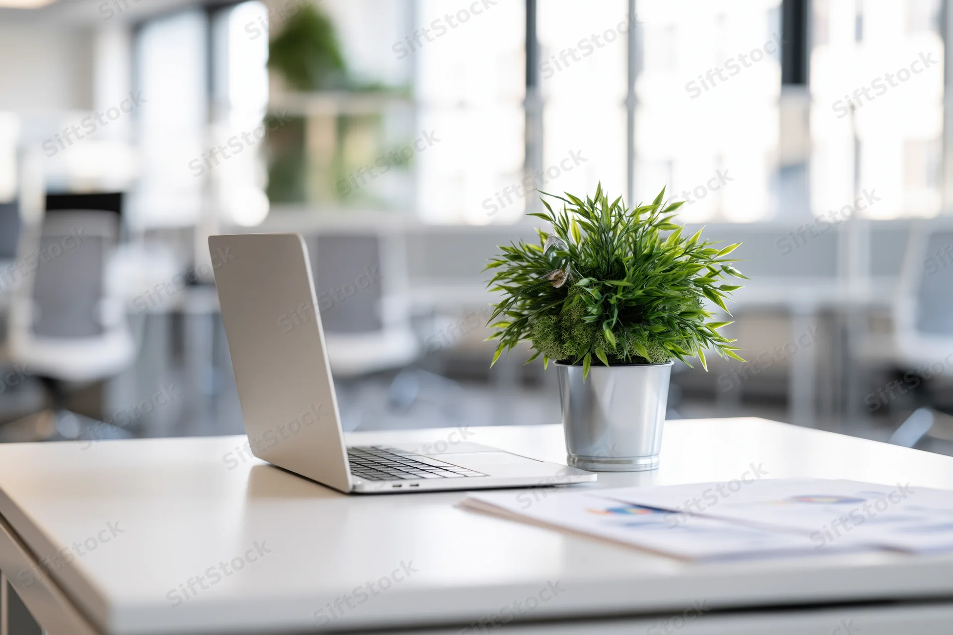 Open laptop and small potted green plant on white office desk