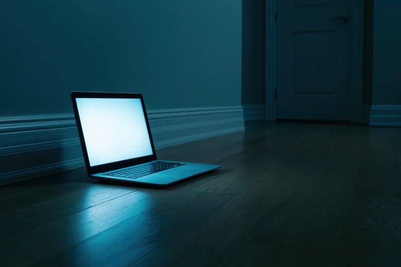 Open laptop with glowing screen resting on dark hardwood floor in empty room
