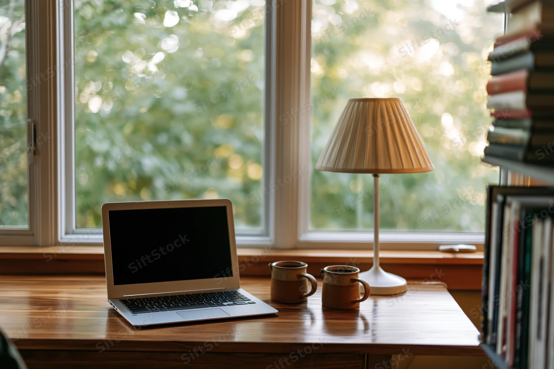 Open laptop with blank screen on wooden desk by window with books and lamp