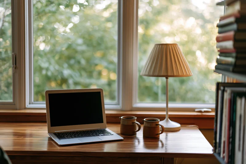 Open laptop with blank screen on wooden desk by window with books and lamp