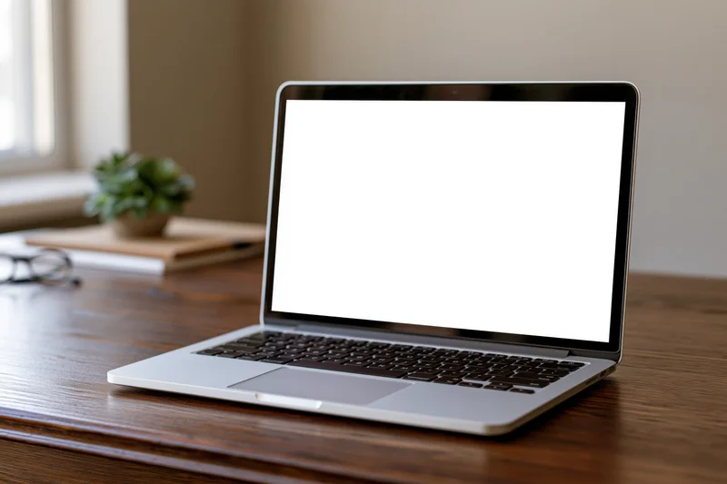 Open laptop with blank white screen on wooden desk in home office setting