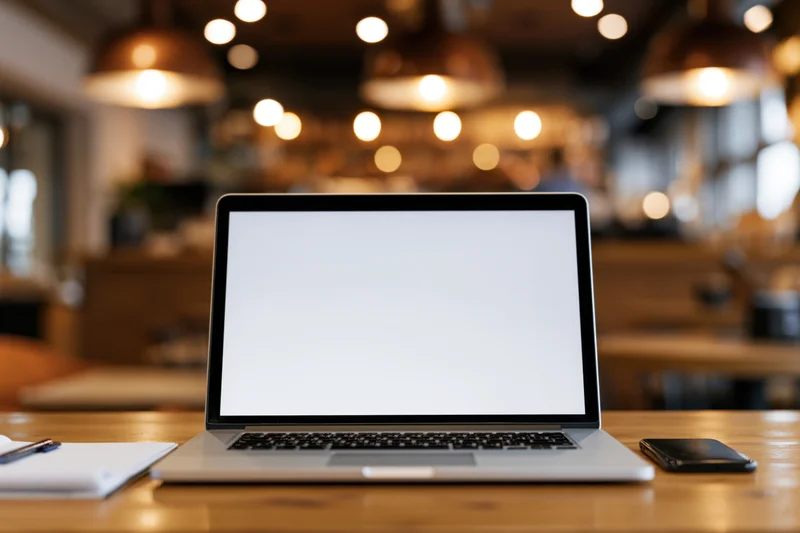 Open laptop with blank white screen on wooden desk in warm-lit cafe workspace