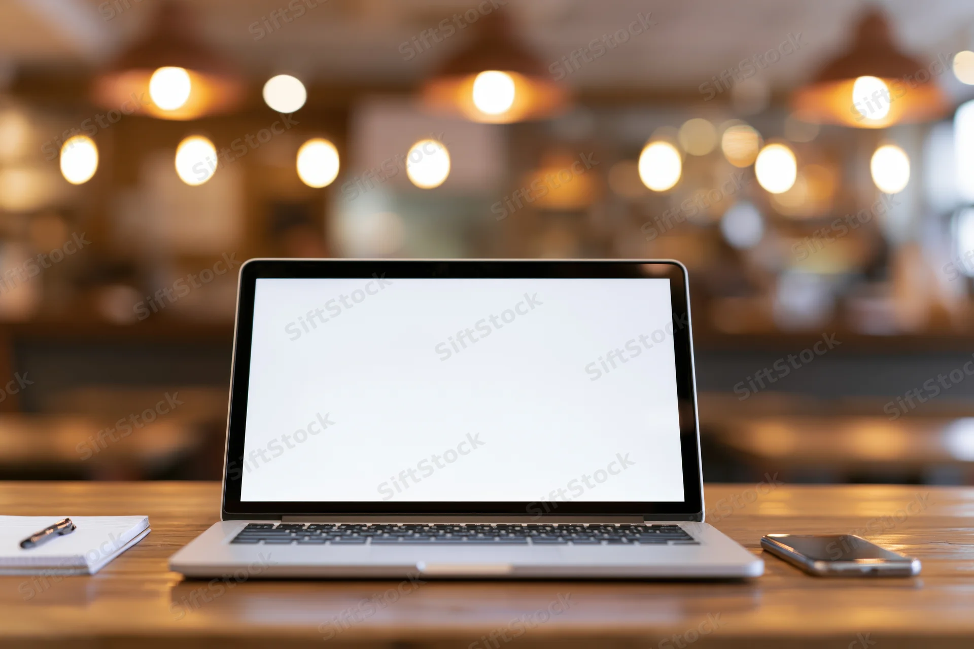 Open laptop with blank white screen on wooden table in cafe interior