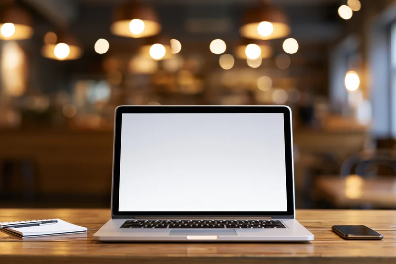 Open laptop with blank white screen on wooden table in cafe interior