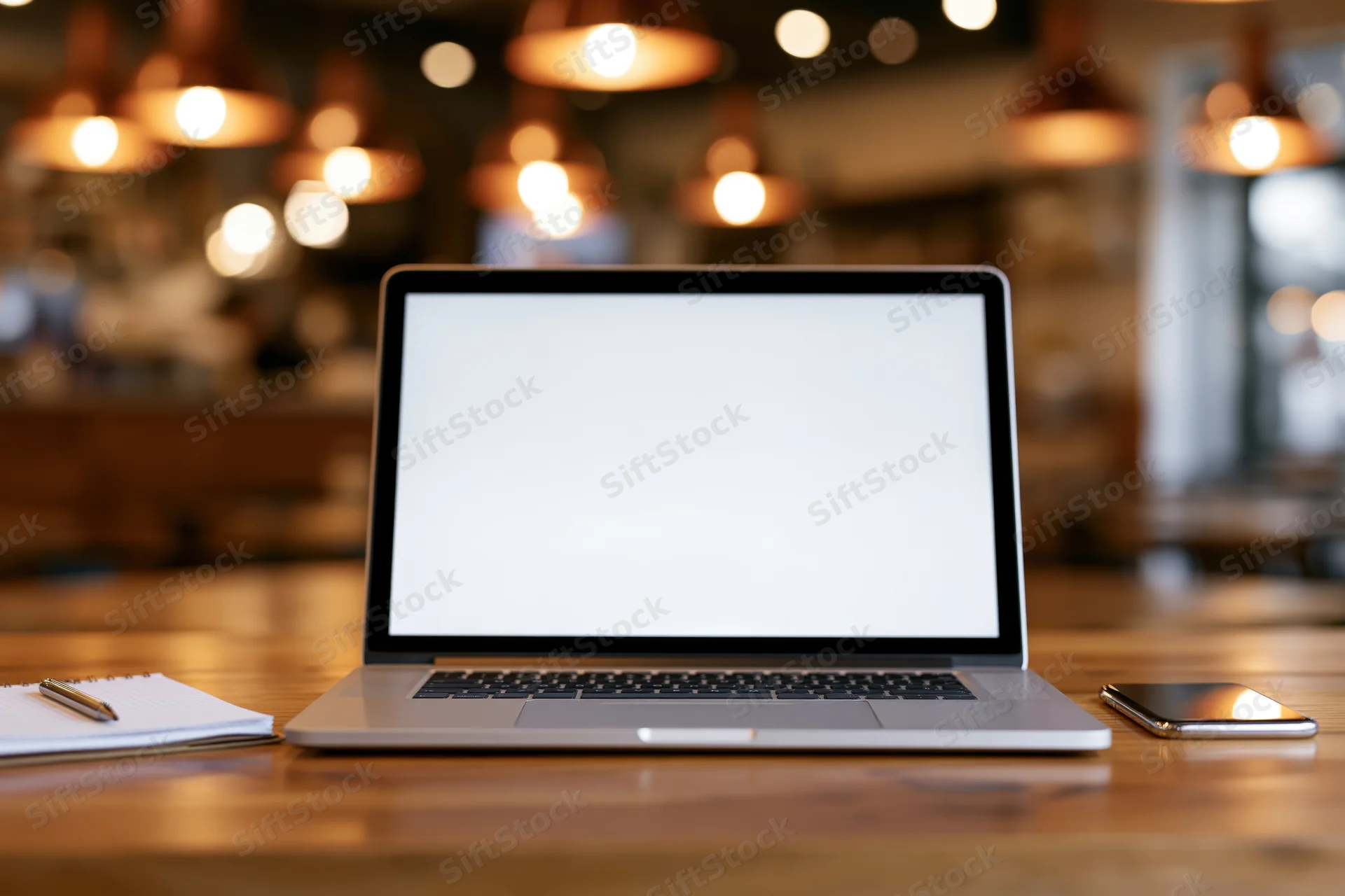 Open laptop with blank white screen on wooden desk in warm-lit office space