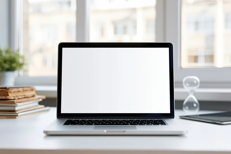 Open laptop with blank white screen on white desk near window
